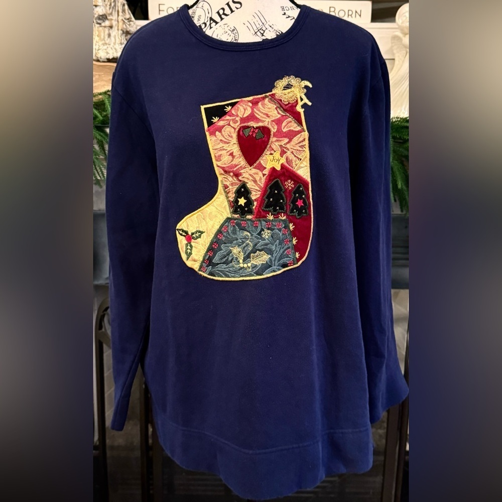 Vintage Bobbie Brooks Navy Christmas Stocking Embroidered Joy Sweatshirt Large
